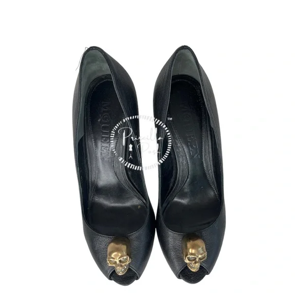 Alexander McQueen Skull Peep Toe Pumps Gold Skull Crystals Black Leather - Picture 14 of 15